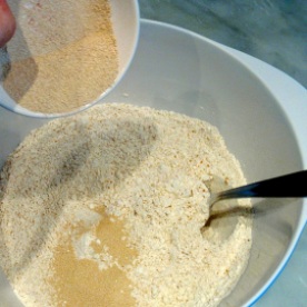 combine 2 flours, add yeast & salt
